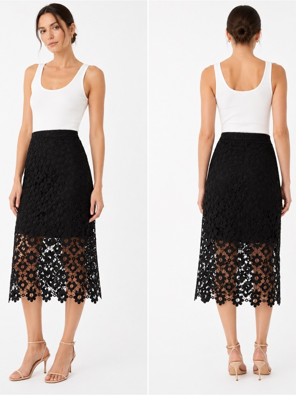 Sandro Black Lace Midi Skirt Size 1 / US 4 / Small Sheer Floral Cutwork - Picture 2 of 8